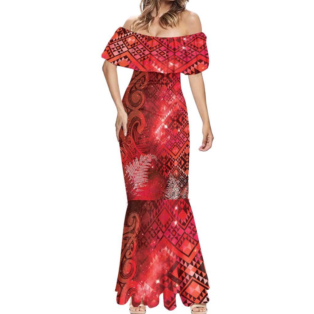 Aotearoa Taniko Matariki Mermaid Dress Cosmic Red LT7 - Polynesian Pride