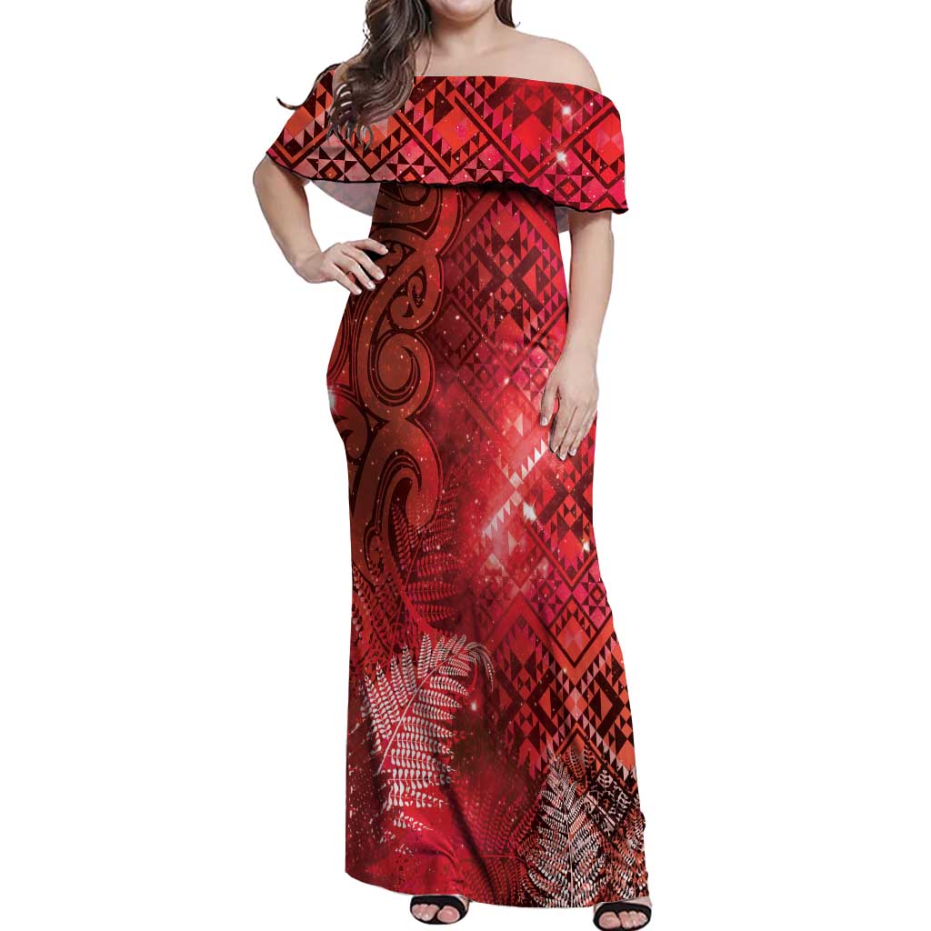 Aotearoa Taniko Matariki Off Shoulder Maxi Dress Cosmic Red LT7 Women Red - Polynesian Pride
