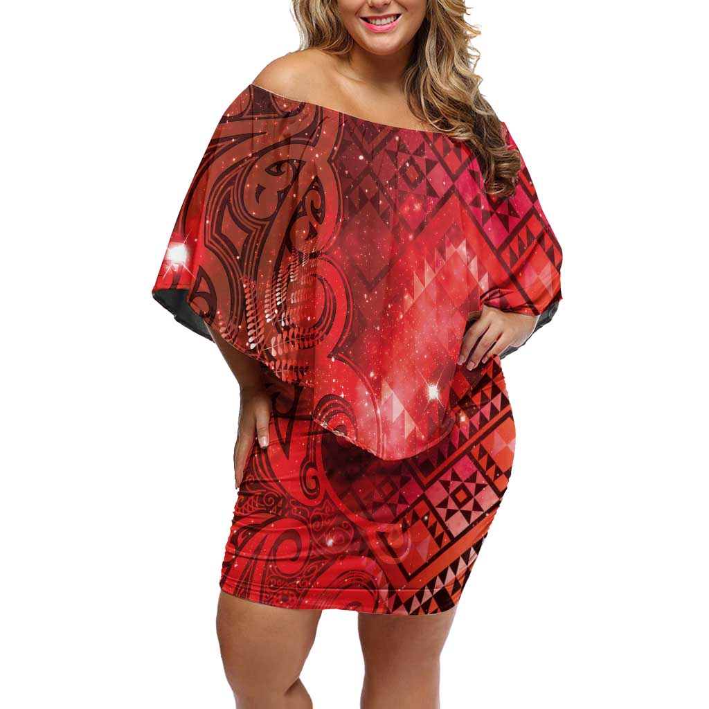 Aotearoa Taniko Matariki Off Shoulder Short Dress Cosmic Red