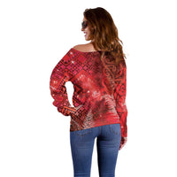 Aotearoa Taniko Matariki Off Shoulder Sweater Cosmic Red LT7 - Polynesian Pride