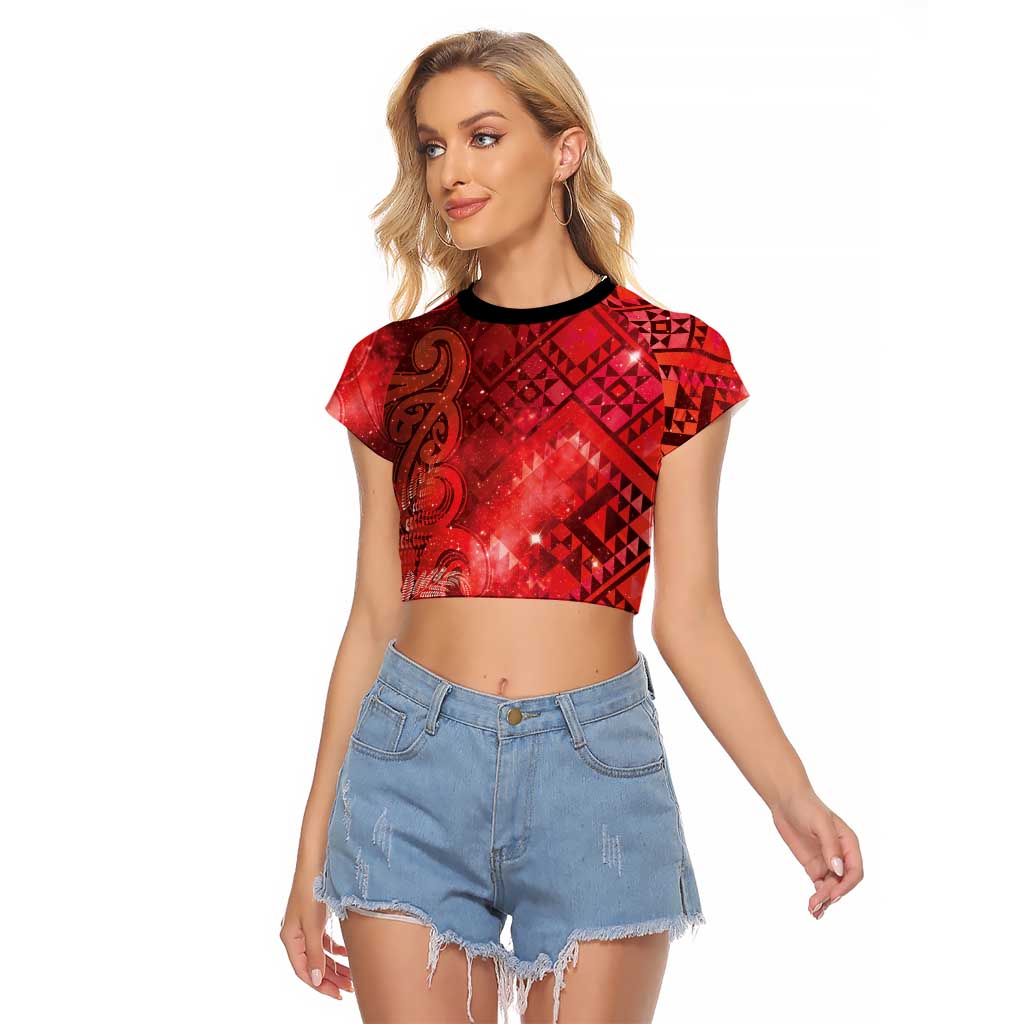 Aotearoa Taniko Matariki Raglan Cropped T Shirt Cosmic Red