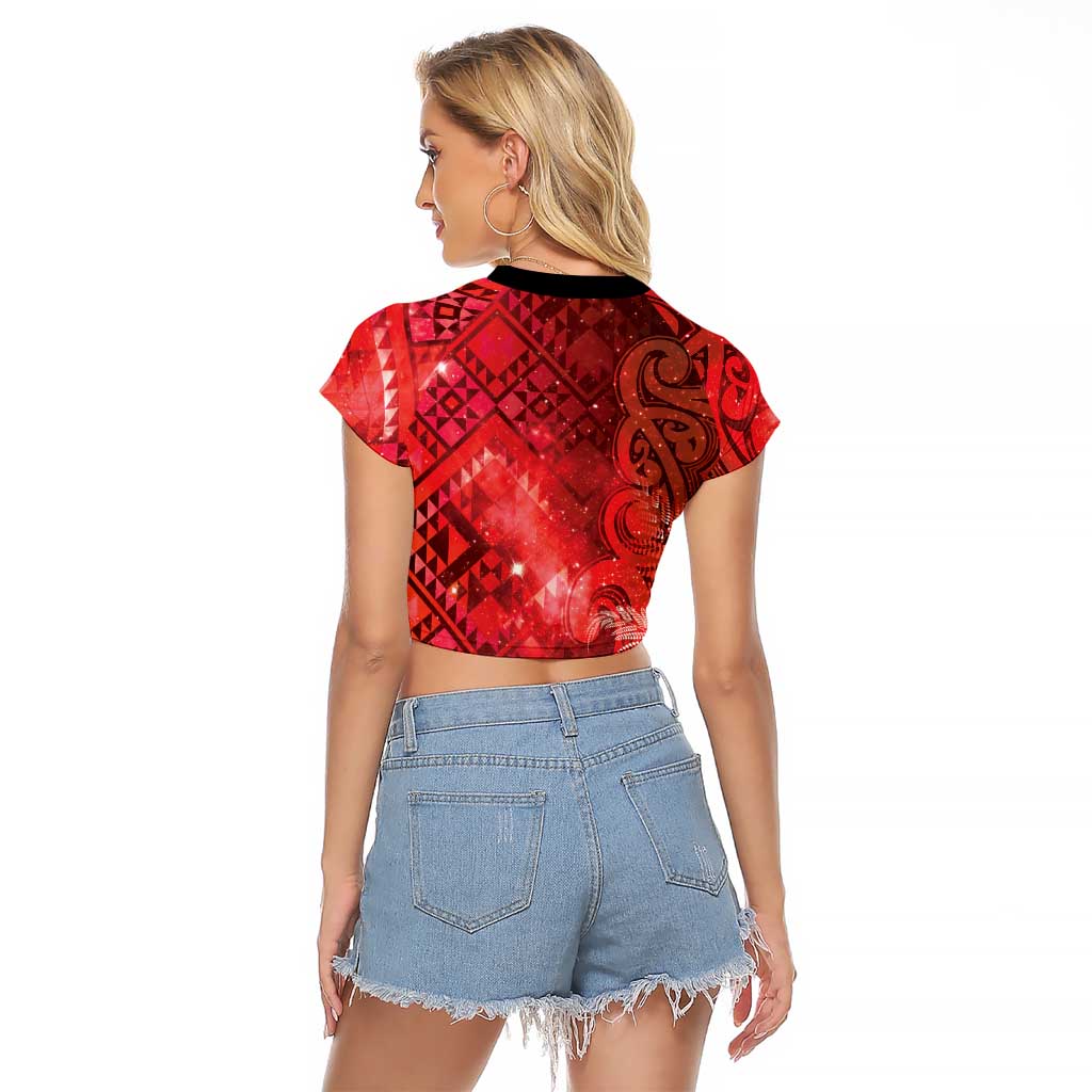 Aotearoa Taniko Matariki Raglan Cropped T Shirt Cosmic Red LT7 - Polynesian Pride
