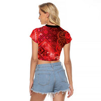 Aotearoa Taniko Matariki Raglan Cropped T Shirt Cosmic Red LT7 - Polynesian Pride