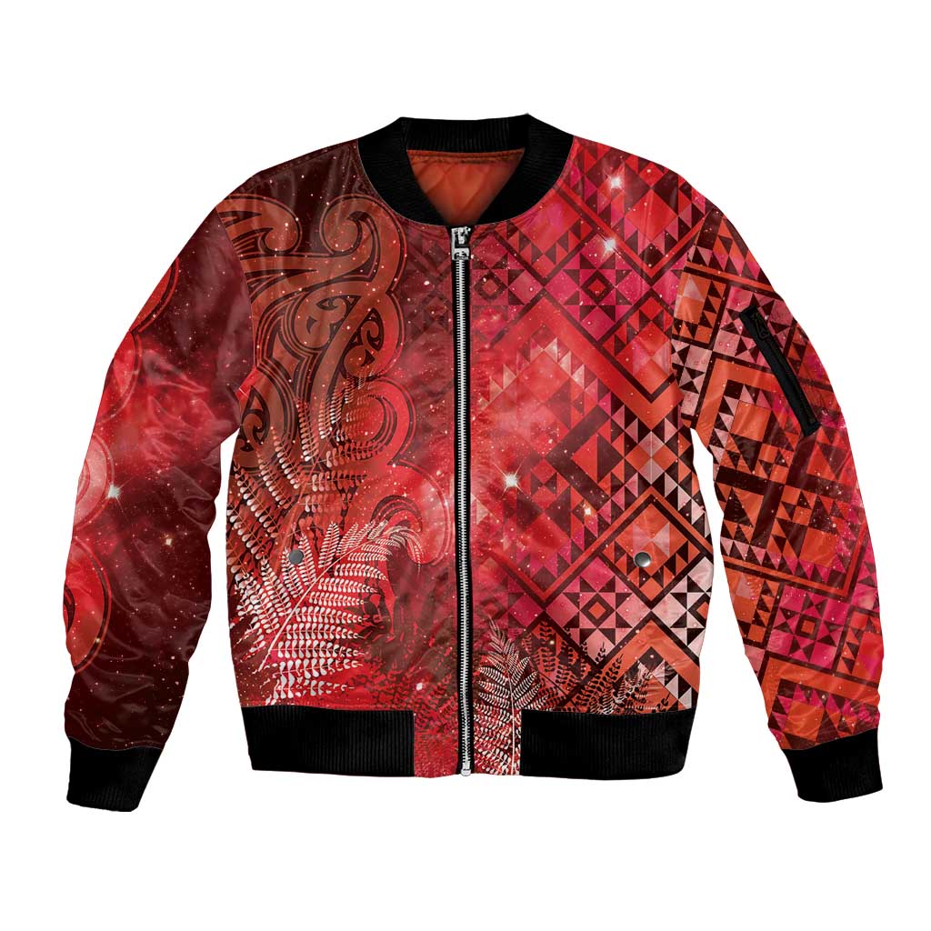 Aotearoa Taniko Matariki Sleeve Zip Bomber Jacket Cosmic Red LT7 Unisex Red - Polynesian Pride