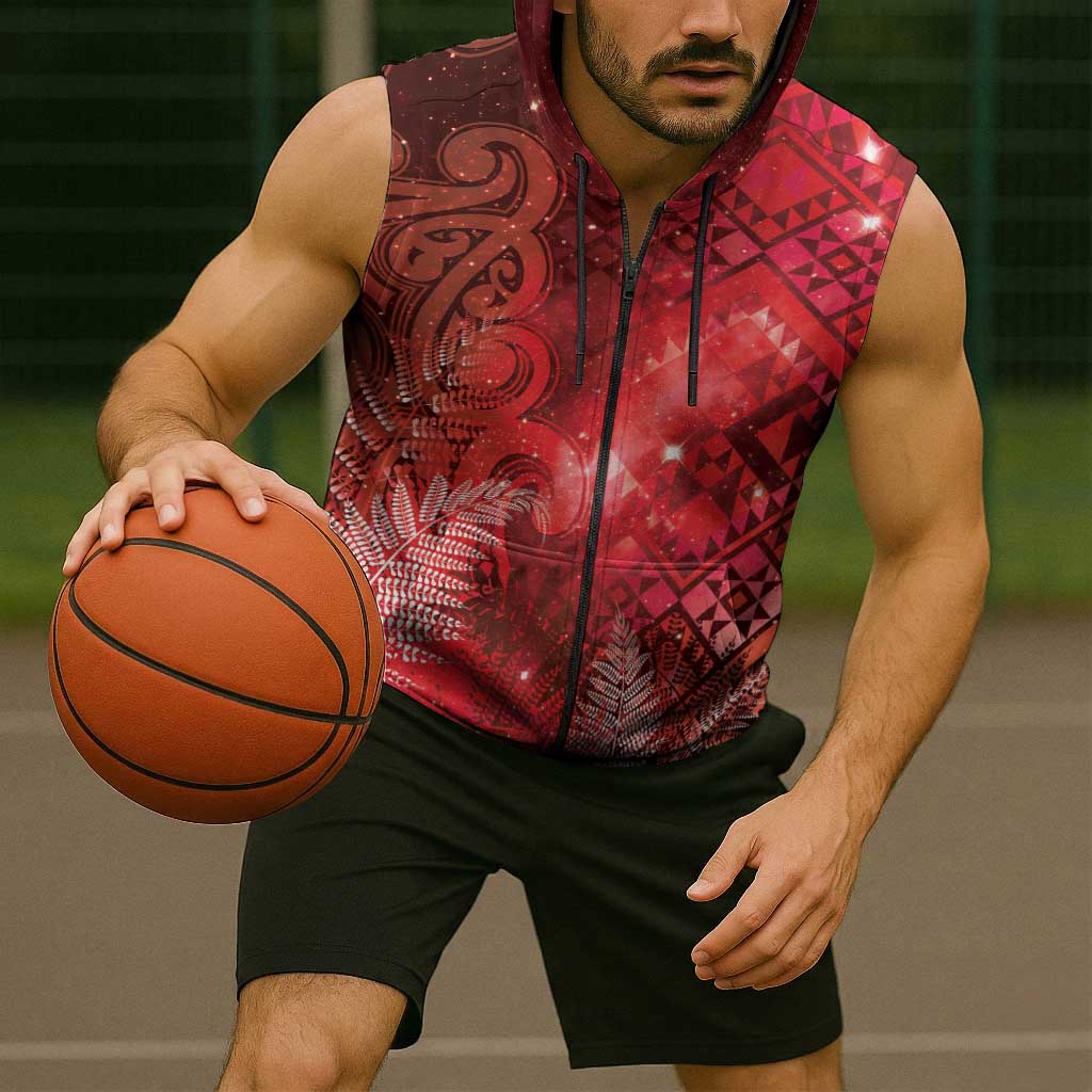 Aotearoa Taniko Matariki Sleeveless Zip Hoodie Cosmic Red