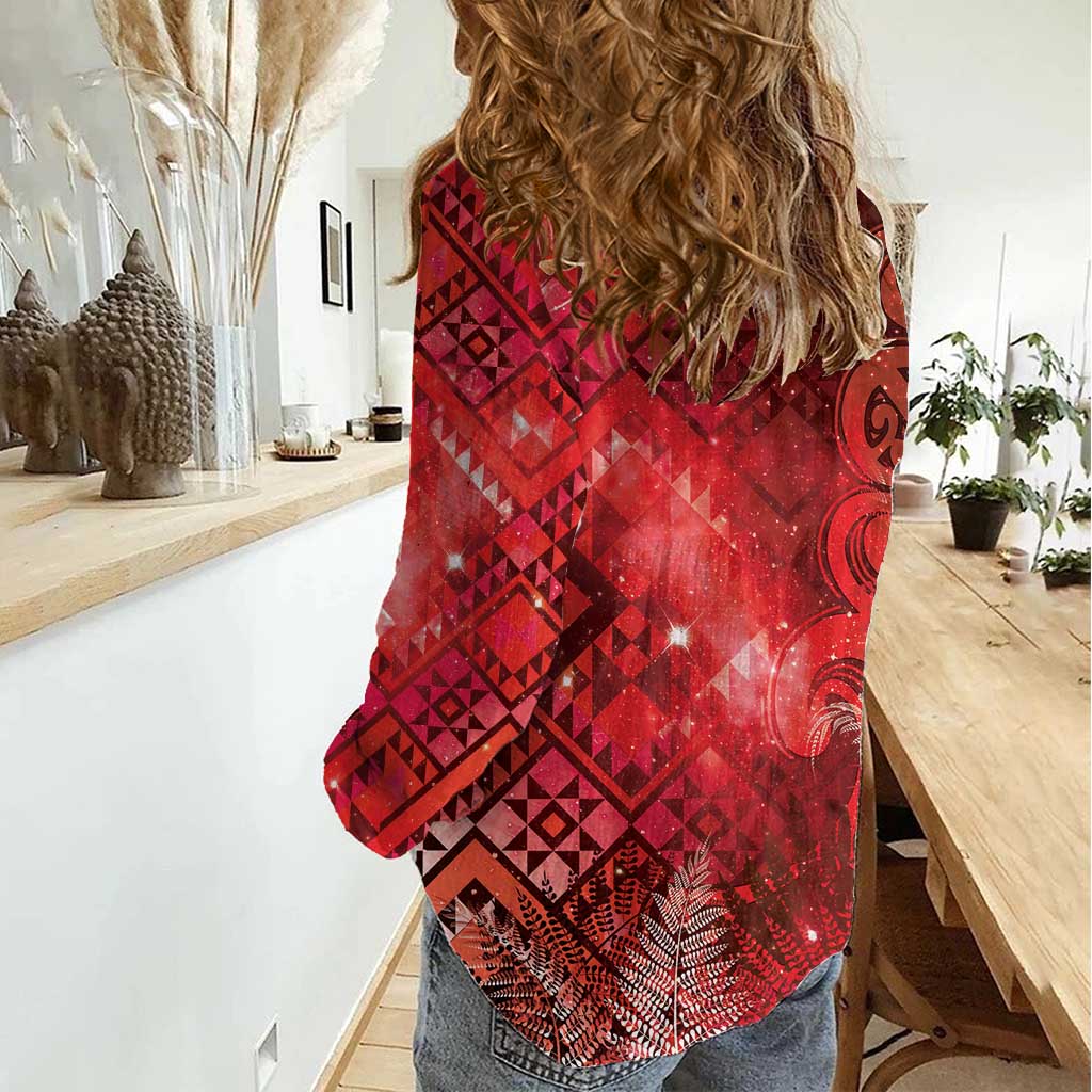 Aotearoa Taniko Matariki Women Casual Shirt Cosmic Red LT7 - Polynesian Pride