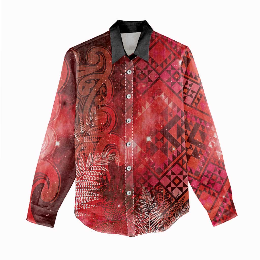 Aotearoa Taniko Matariki Women Casual Shirt Cosmic Red LT7 - Polynesian Pride