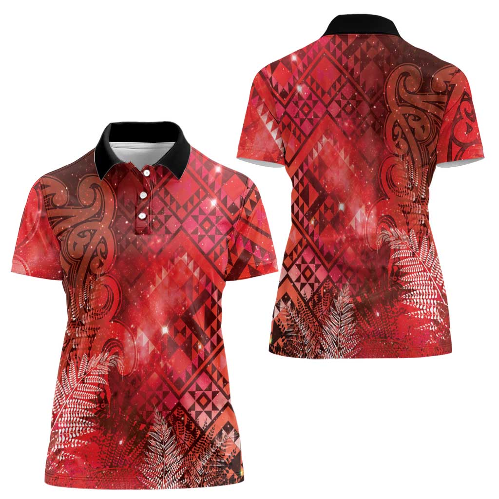 Aotearoa Taniko Matariki Women Polo Shirt Cosmic Red LT7 - Polynesian Pride