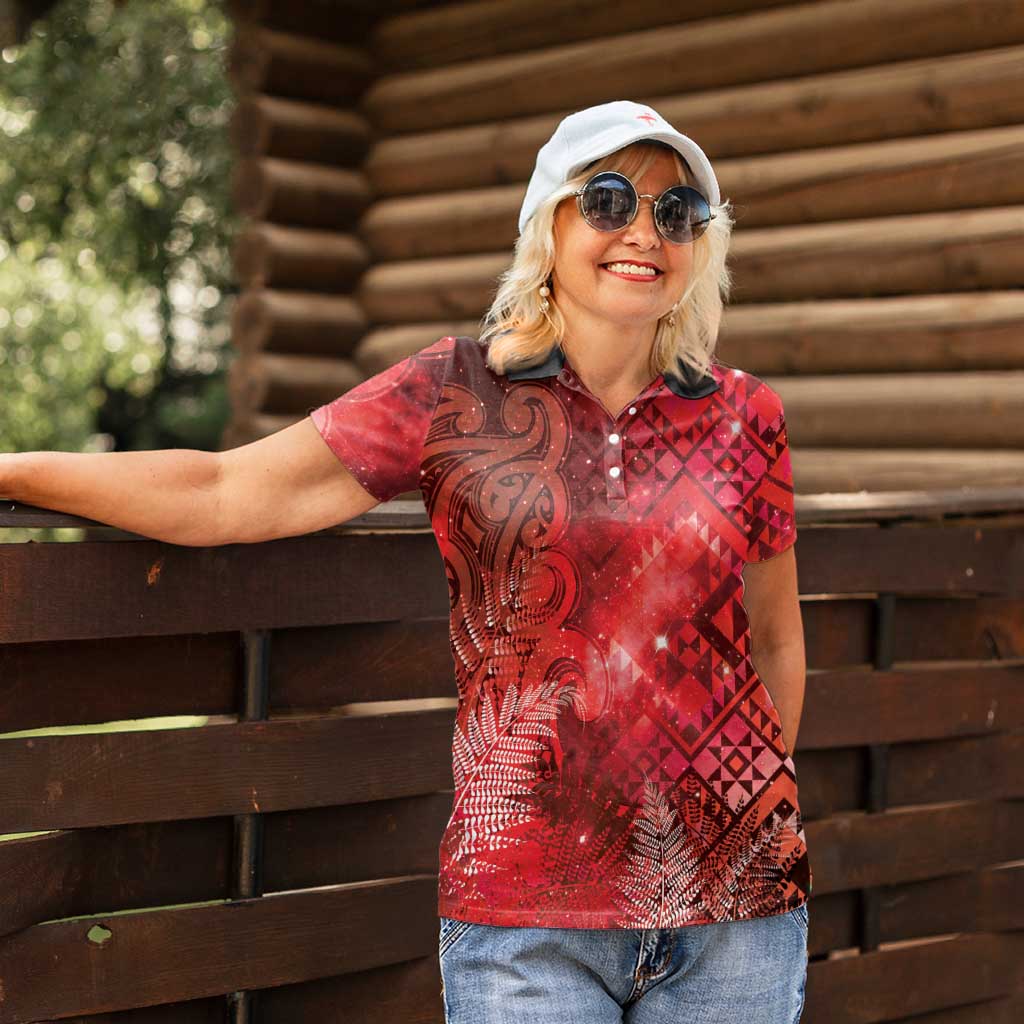 Aotearoa Taniko Matariki Women Polo Shirt Cosmic Red LT7 - Polynesian Pride