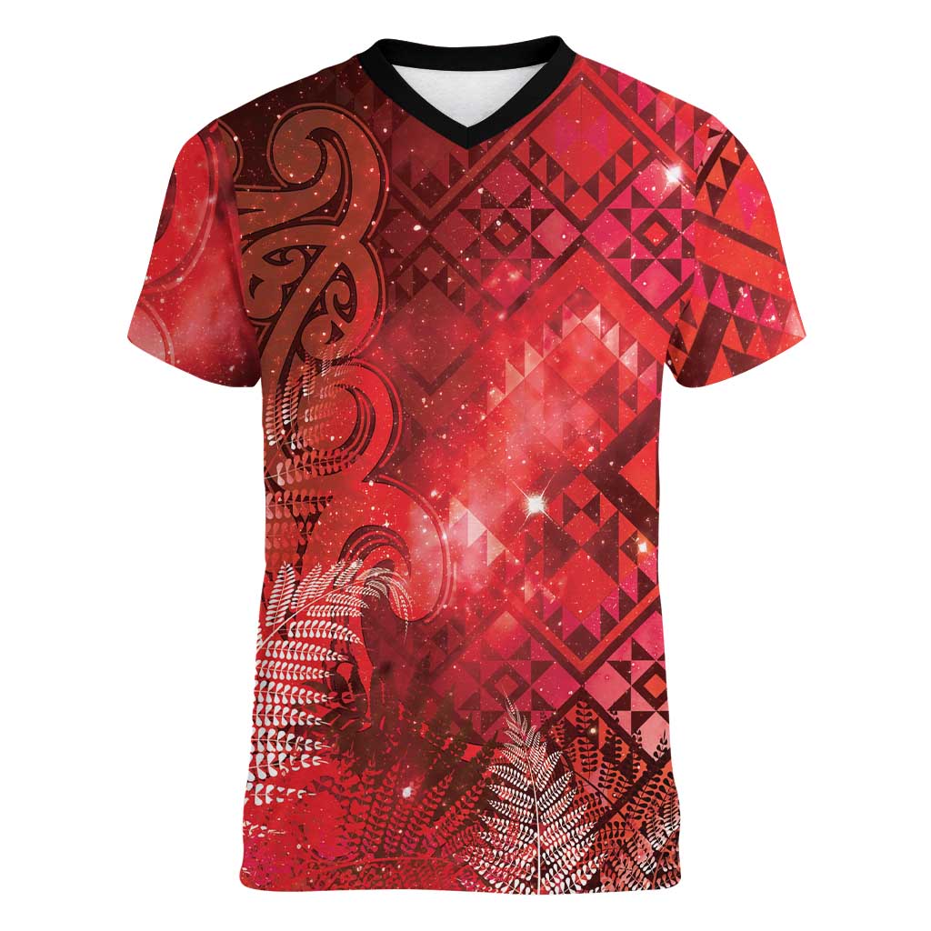 Aotearoa Taniko Matariki Women V-Neck T-Shirt Cosmic Red LT7 Female Red - Polynesian Pride