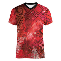 Aotearoa Taniko Matariki Women V-Neck T-Shirt Cosmic Red LT7 Female Red - Polynesian Pride