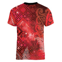 Aotearoa Taniko Matariki Women V-Neck T-Shirt Cosmic Red LT7 - Polynesian Pride