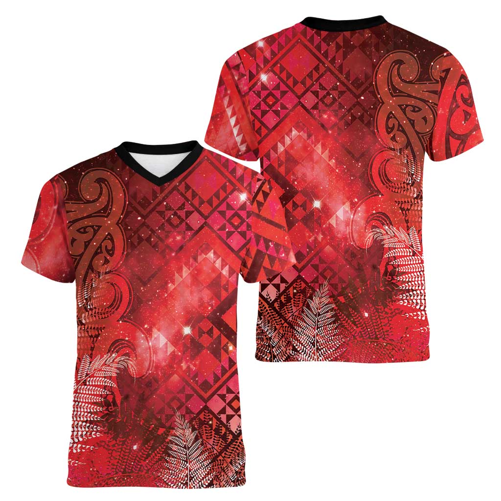 Aotearoa Taniko Matariki Women V-Neck T-Shirt Cosmic Red LT7 - Polynesian Pride