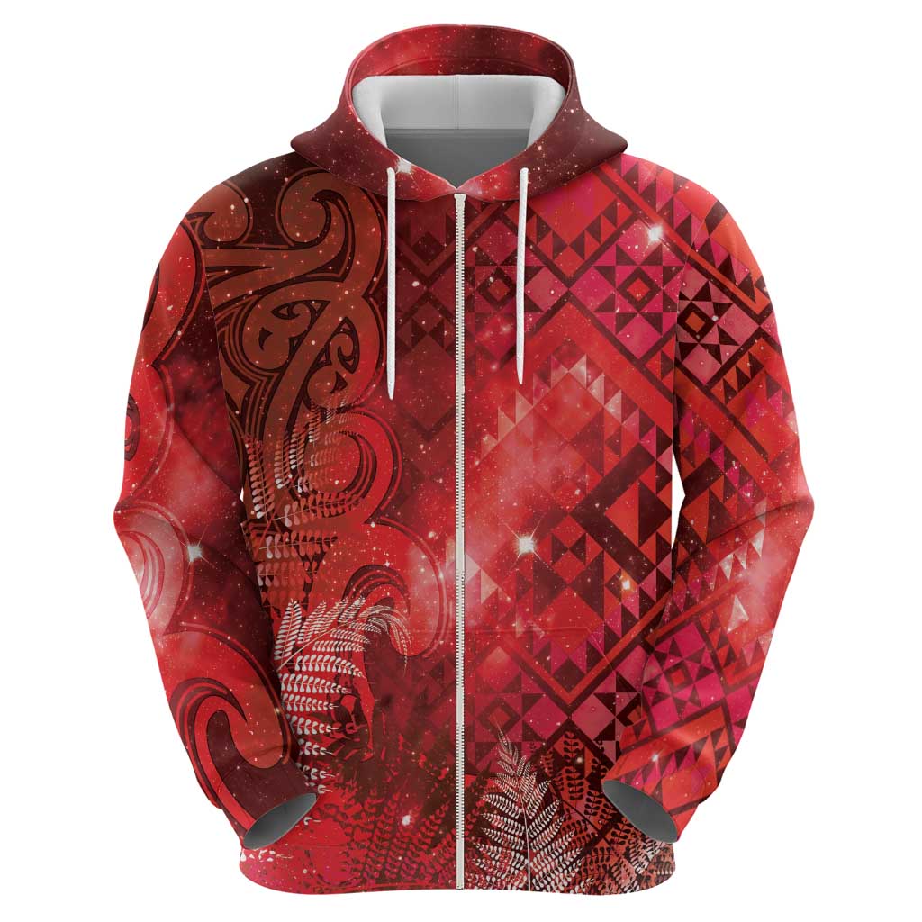 Aotearoa Taniko Matariki Zip Hoodie Cosmic Red LT7 - Polynesian Pride