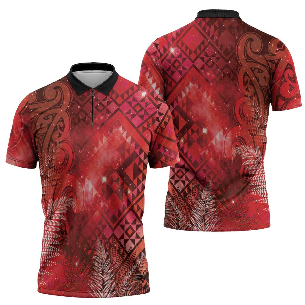 Aotearoa Taniko Matariki Zipper Polo Shirt Cosmic Red LT7 - Polynesian Pride