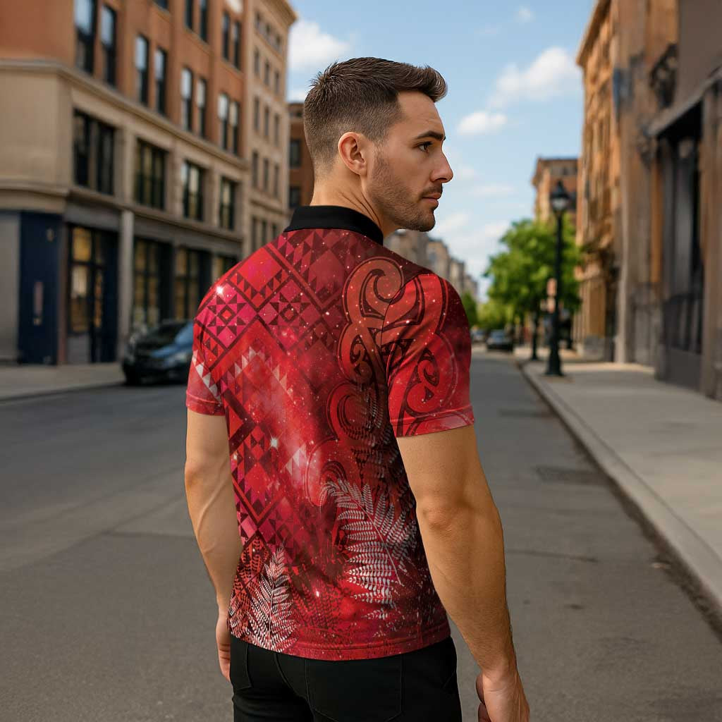 Aotearoa Taniko Matariki Zipper Polo Shirt Cosmic Red LT7 - Polynesian Pride