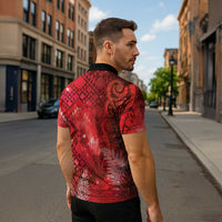 Aotearoa Taniko Matariki Zipper Polo Shirt Cosmic Red LT7 - Polynesian Pride