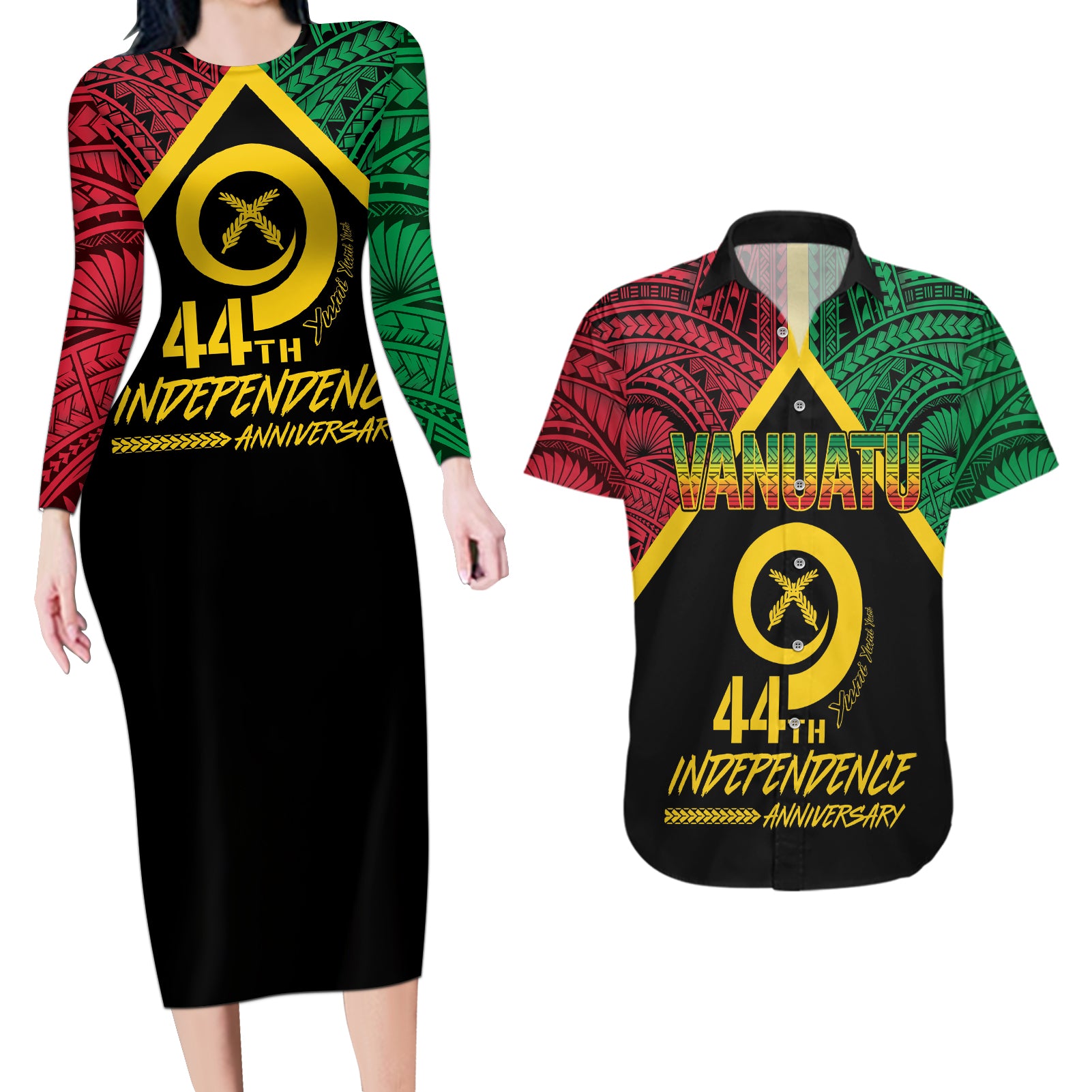 Vanuatu 44th Independence Anniversary Couples Matching Long Sleeve Bodycon Dress and Hawaiian Shirt