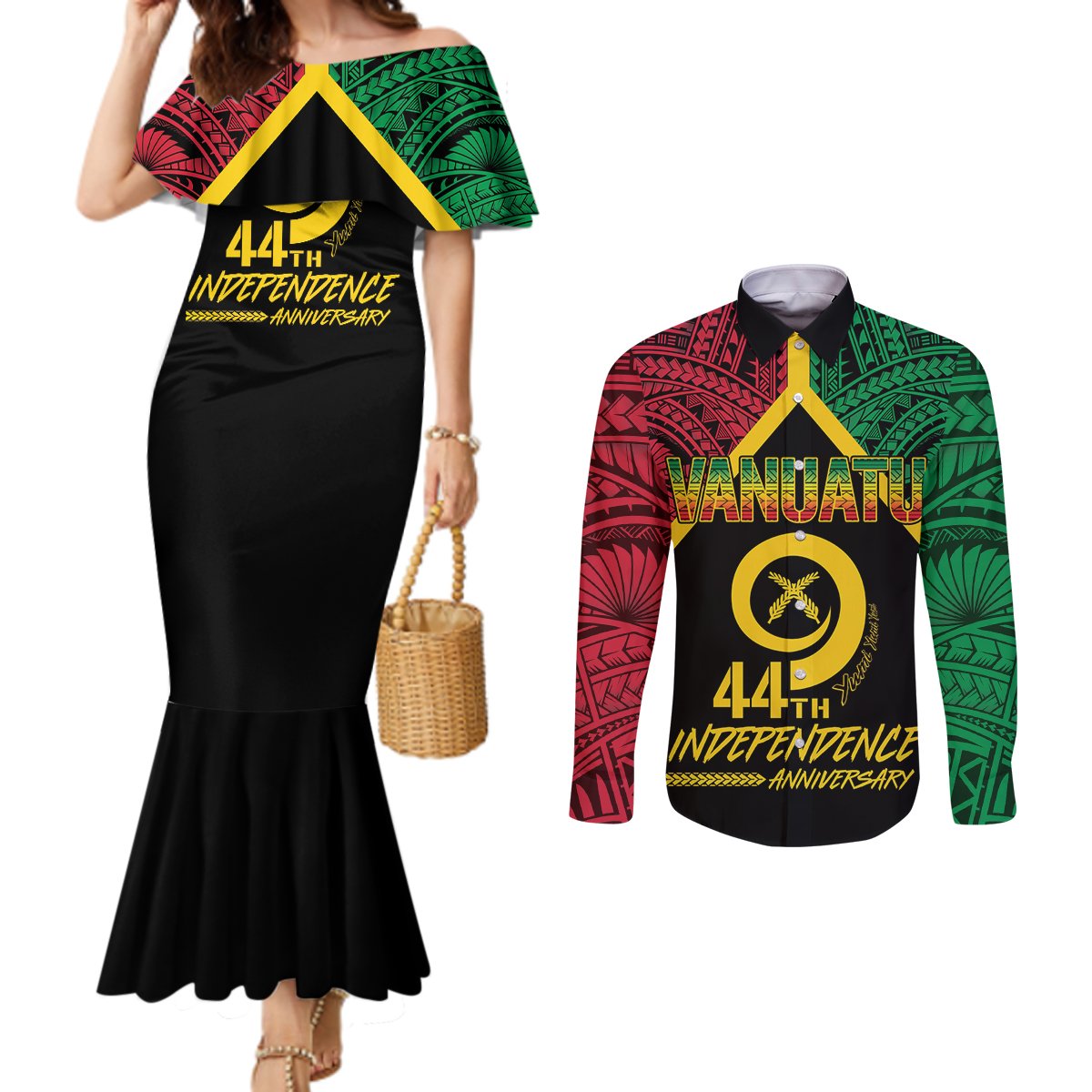 Vanuatu 44th Independence Anniversary Couples Matching Mermaid Dress and Long Sleeve Button Shirt LT7 Colorful - Polynesian Pride