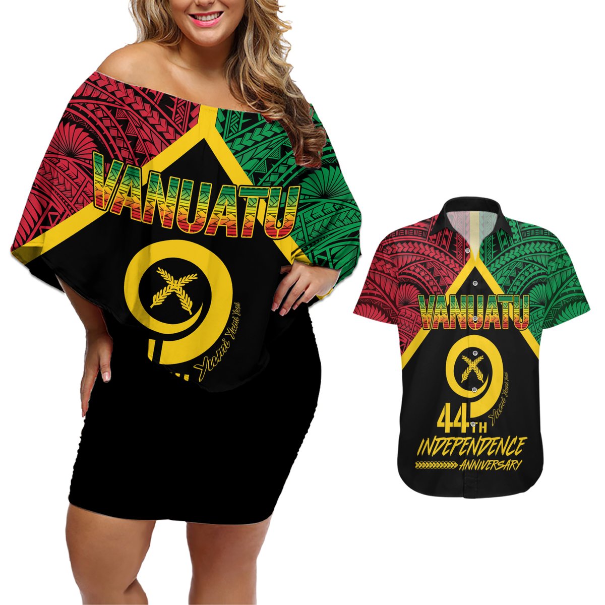Vanuatu 44th Independence Anniversary Couples Matching Off Shoulder Short Dress and Hawaiian Shirt LT7 Colorful - Polynesian Pride