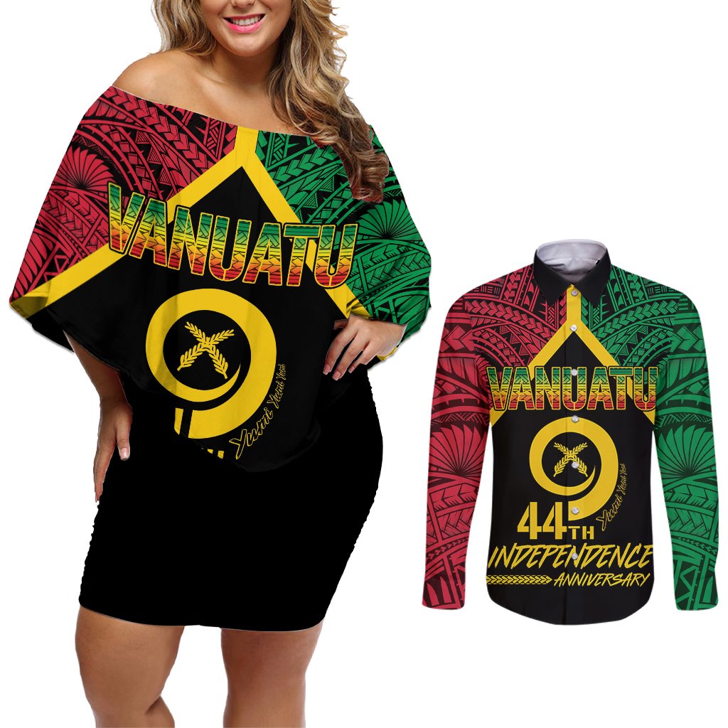 Vanuatu 44th Independence Anniversary Couples Matching Off Shoulder Short Dress and Long Sleeve Button Shirt LT7 Colorful - Polynesian Pride