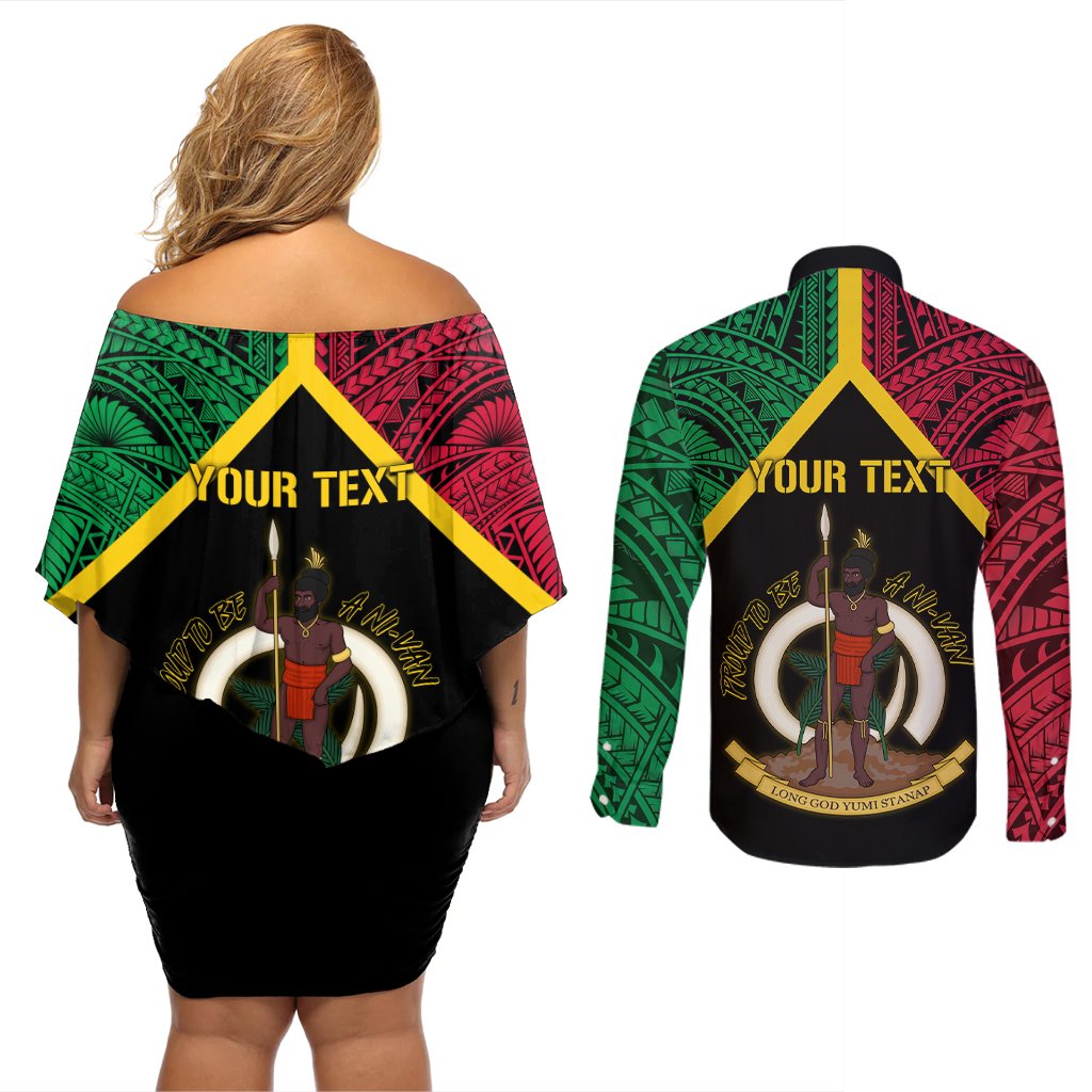 Vanuatu 44th Independence Anniversary Couples Matching Off Shoulder Short Dress and Long Sleeve Button Shirt LT7 - Polynesian Pride