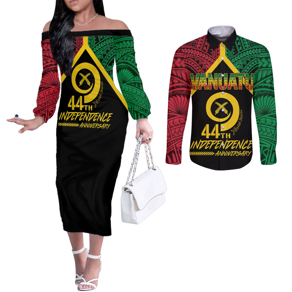 Vanuatu 44th Independence Anniversary Couples Matching Off The Shoulder Long Sleeve Dress and Long Sleeve Button Shirt LT7 Colorful - Polynesian Pride