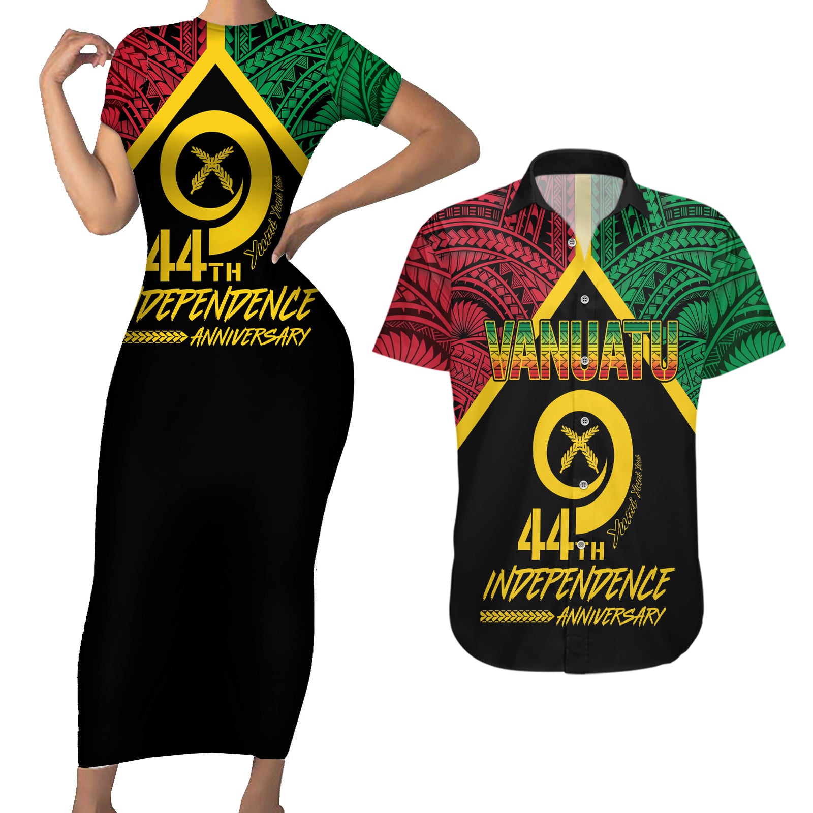 Vanuatu 44th Independence Anniversary Couples Matching Short Sleeve Bodycon Dress and Hawaiian Shirt LT7 Colorful - Polynesian Pride