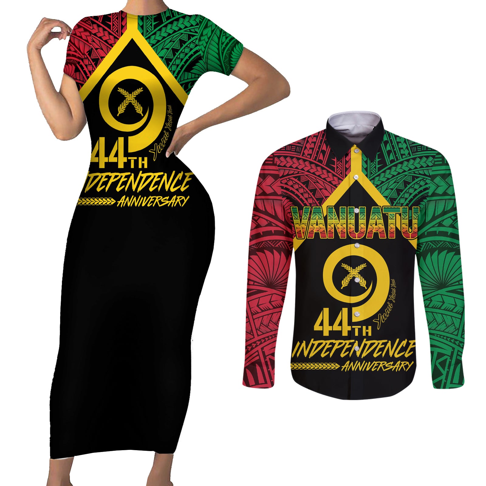 Vanuatu 44th Independence Anniversary Couples Matching Short Sleeve Bodycon Dress and Long Sleeve Button Shirt LT7 Colorful - Polynesian Pride