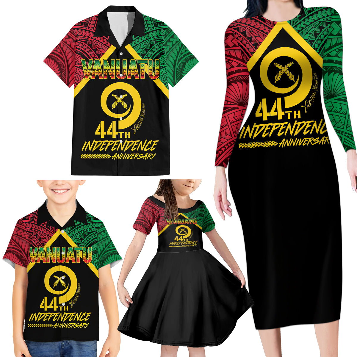 Vanuatu 44th Independence Anniversary Family Matching Long Sleeve Bodycon Dress and Hawaiian Shirt