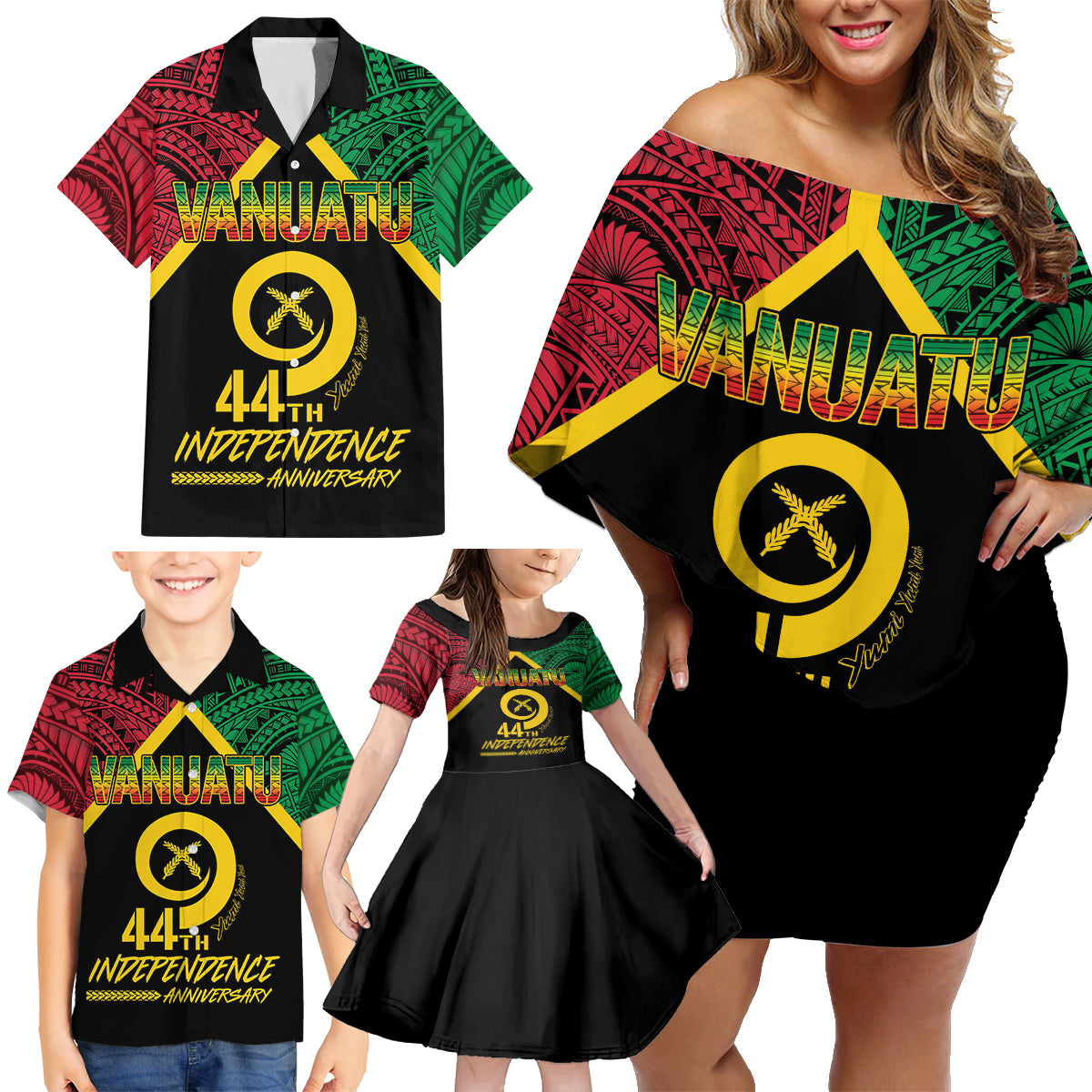 Vanuatu 44th Independence Anniversary Family Matching Off Shoulder Short Dress and Hawaiian Shirt