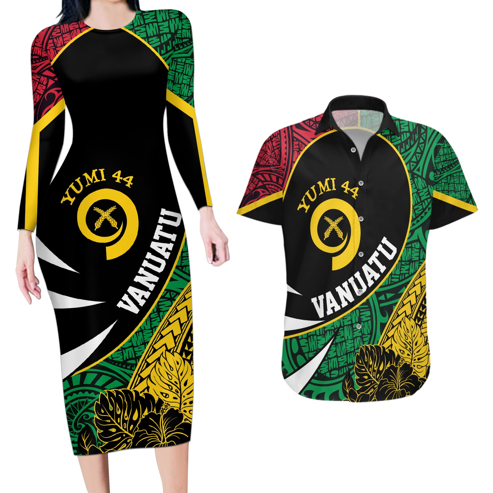 Vanuatu Independence Day Yumi 44 Couples Matching Long Sleeve Bodycon Dress and Hawaiian Shirt LT7 Colorful - Polynesian Pride
