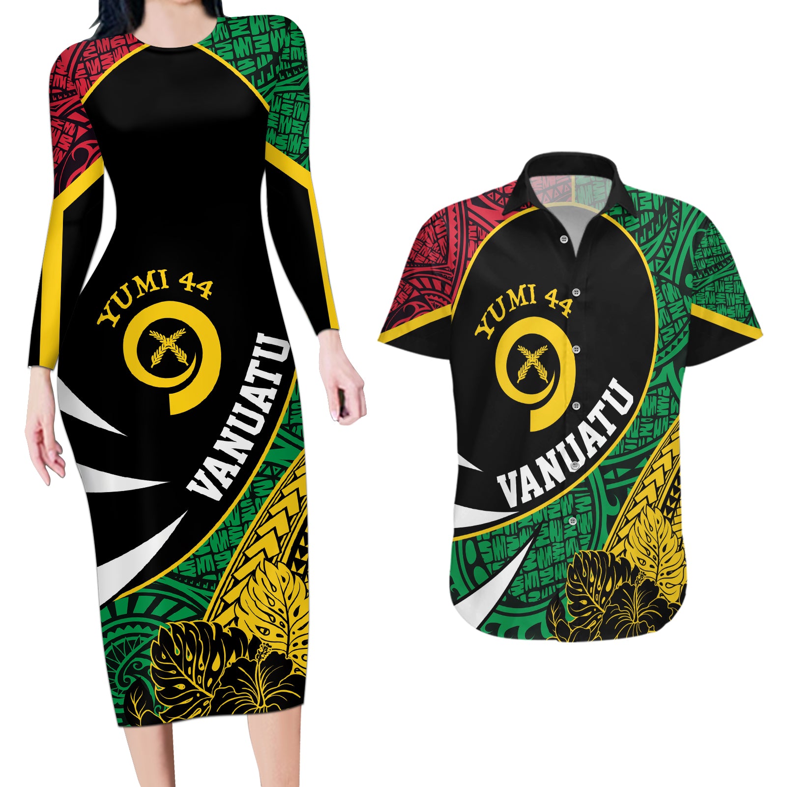 Vanuatu Independence Day Yumi 44 Couples Matching Long Sleeve Bodycon Dress and Hawaiian Shirt