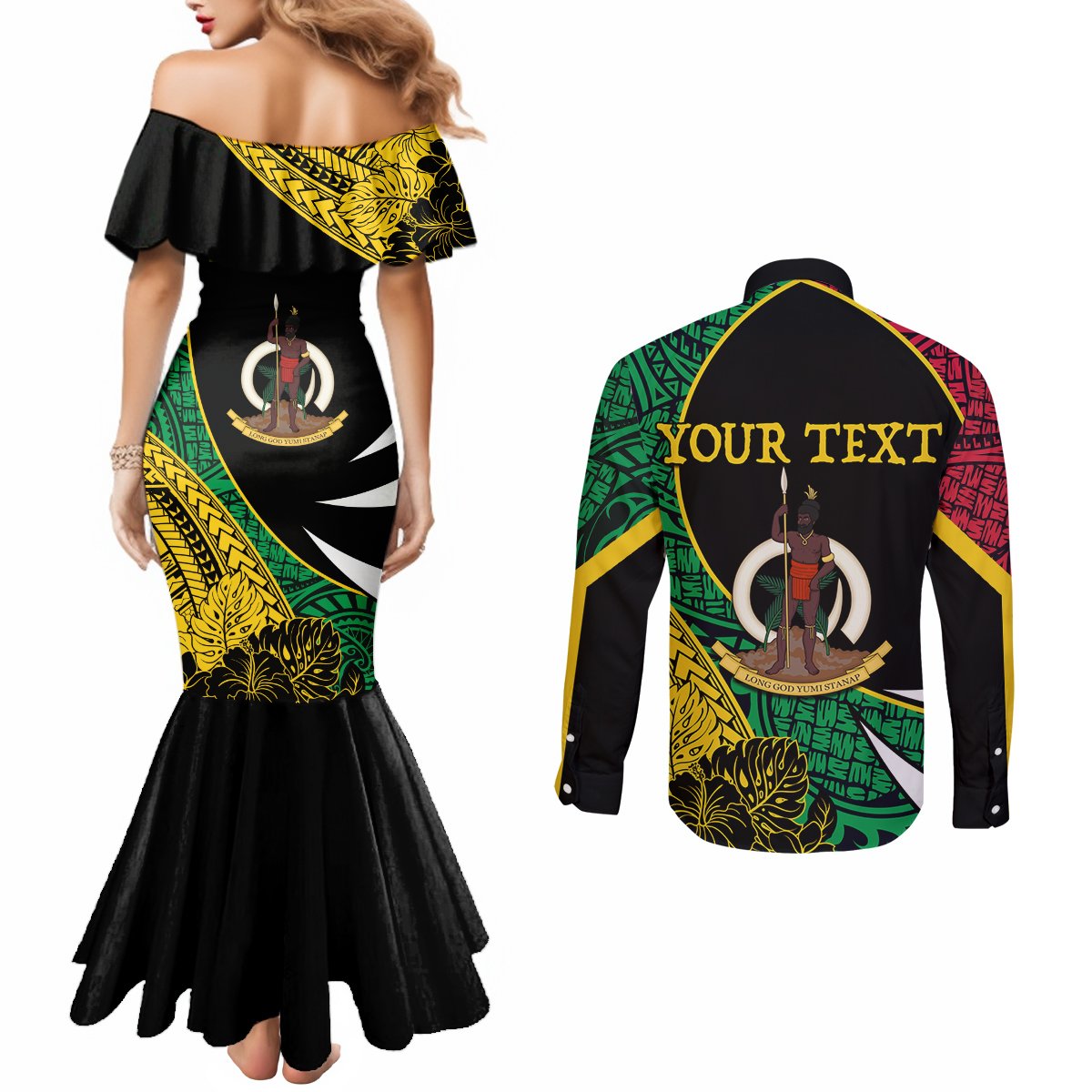 Vanuatu Independence Day Yumi 44 Couples Matching Mermaid Dress and Long Sleeve Button Shirt LT7 - Polynesian Pride