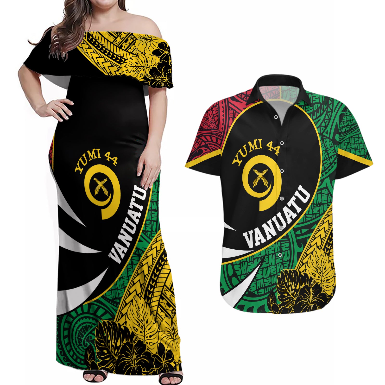 Vanuatu Independence Day Yumi 44 Couples Matching Off Shoulder Maxi Dress and Hawaiian Shirt