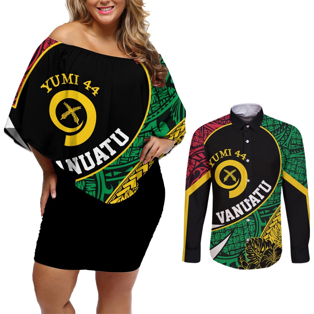 Vanuatu Independence Day Yumi 44 Couples Matching Off Shoulder Short Dress and Long Sleeve Button Shirt LT7 Colorful - Polynesian Pride