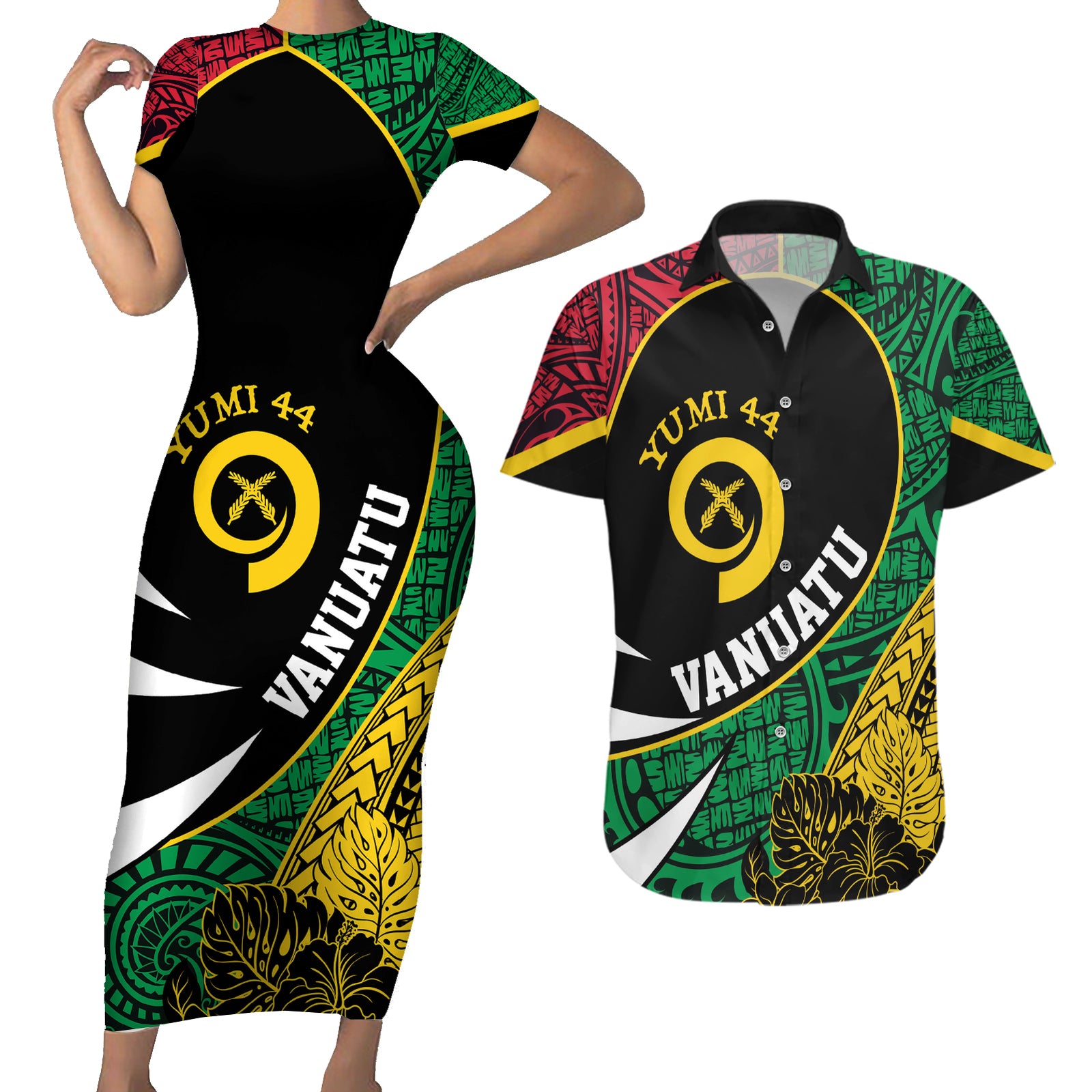 Vanuatu Independence Day Yumi 44 Couples Matching Short Sleeve Bodycon Dress and Hawaiian Shirt LT7 Colorful - Polynesian Pride
