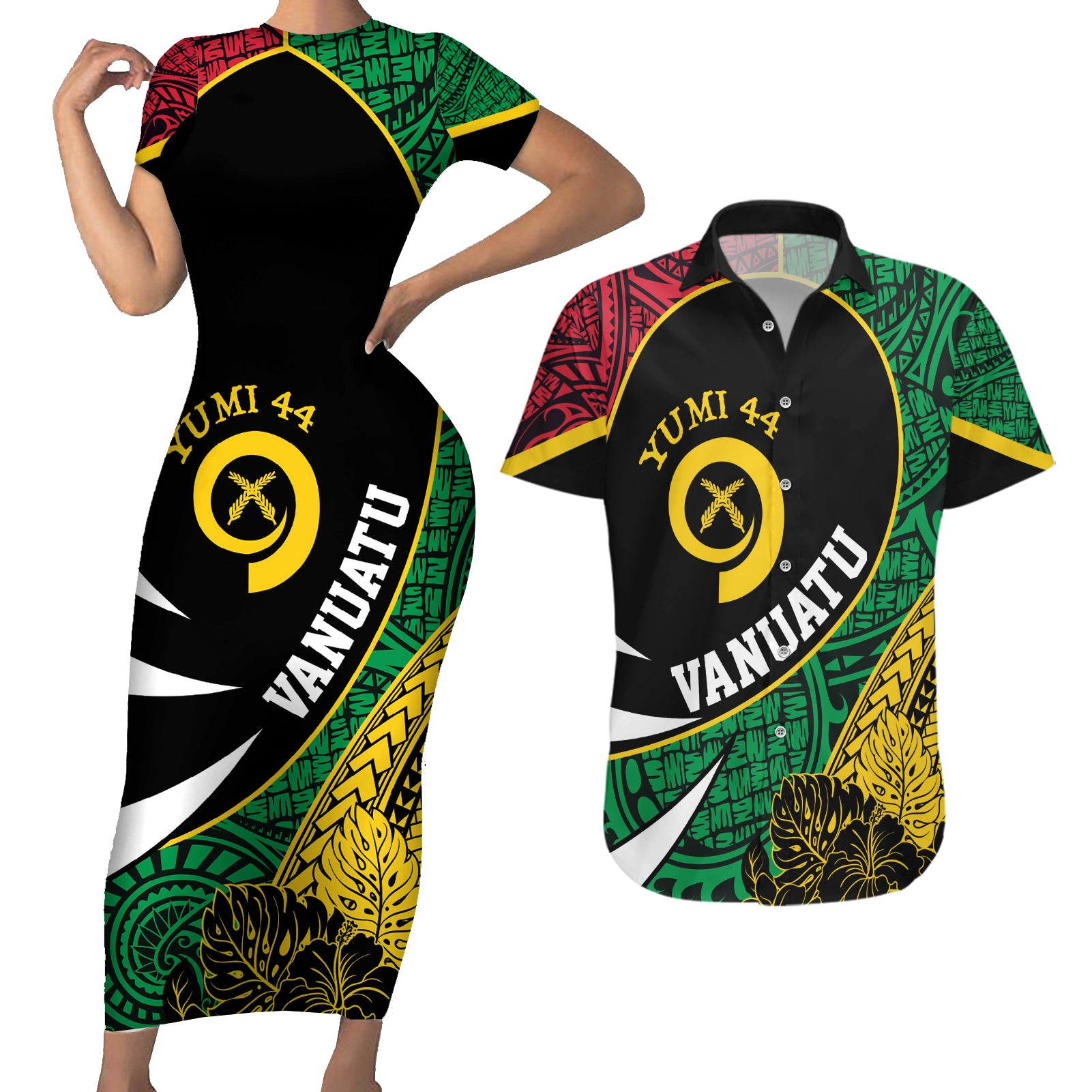 Vanuatu Independence Day Yumi 44 Couples Matching Short Sleeve Bodycon Dress and Hawaiian Shirt