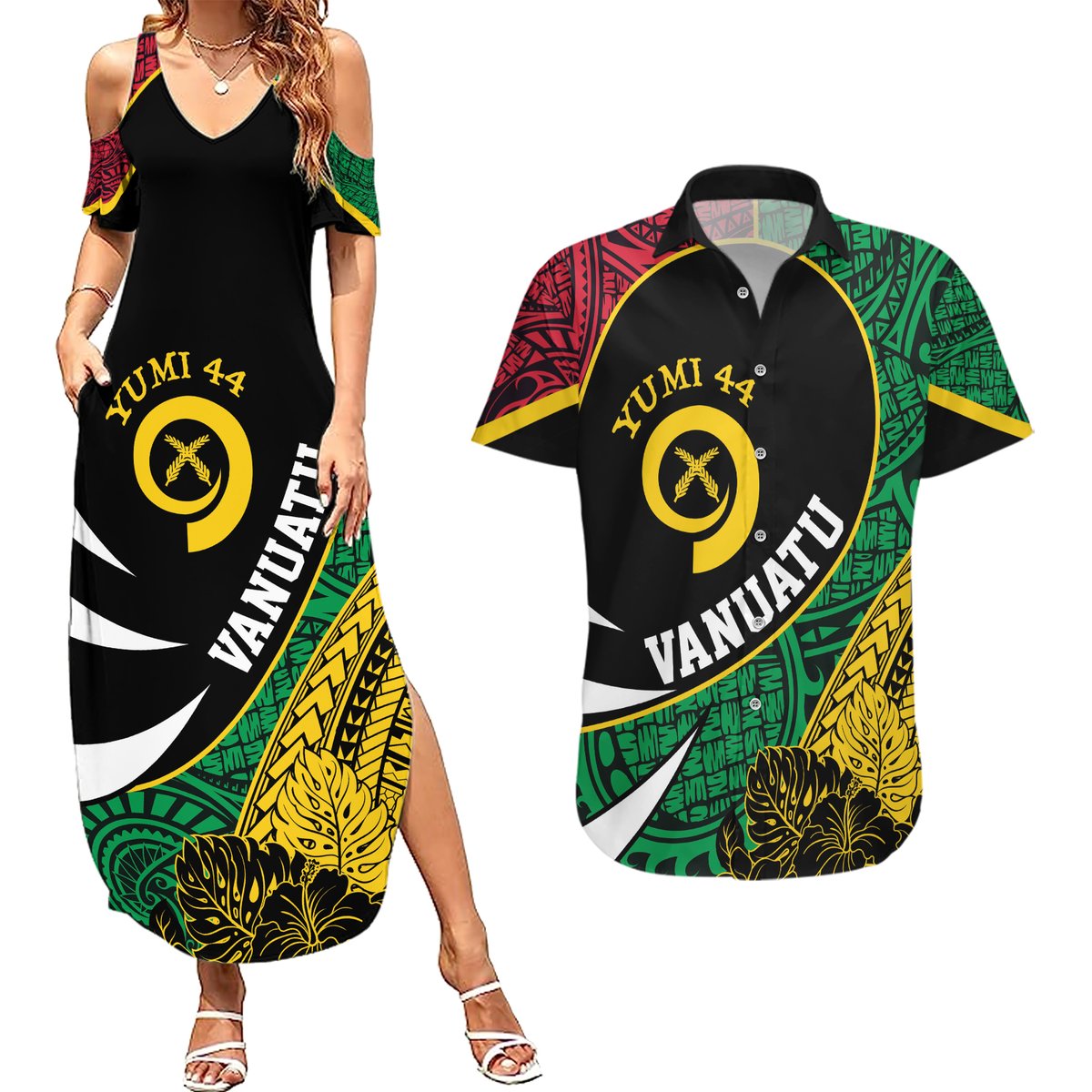 Vanuatu Independence Day Yumi 44 Couples Matching Summer Maxi Dress and Hawaiian Shirt LT7 Colorful - Polynesian Pride