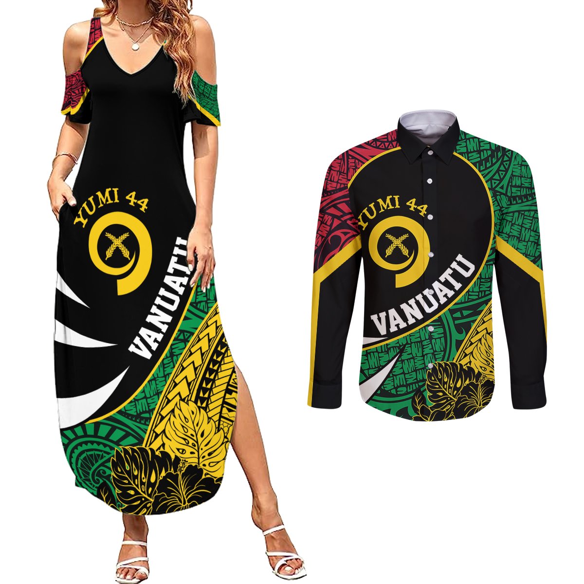 Vanuatu Independence Day Yumi 44 Couples Matching Summer Maxi Dress and Long Sleeve Button Shirt LT7 Colorful - Polynesian Pride