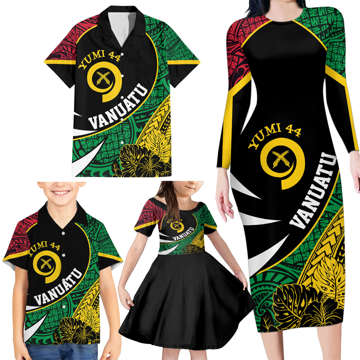 Vanuatu Independence Day Yumi 44 Family Matching Long Sleeve Bodycon Dress and Hawaiian Shirt