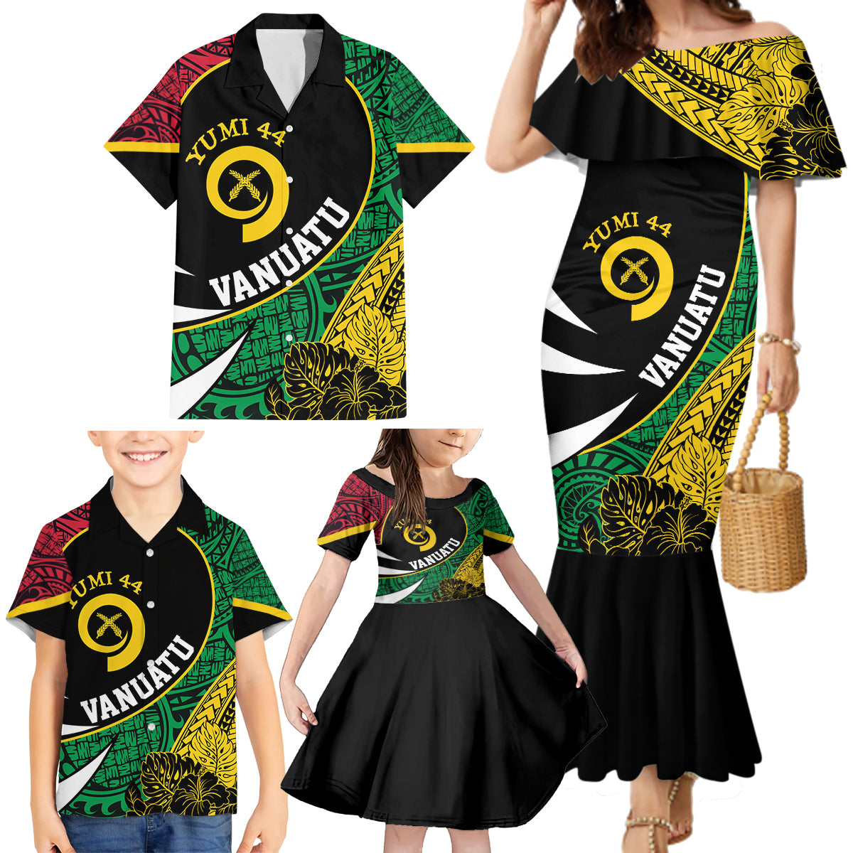 Vanuatu Independence Day Yumi 44 Family Matching Mermaid Dress and Hawaiian Shirt