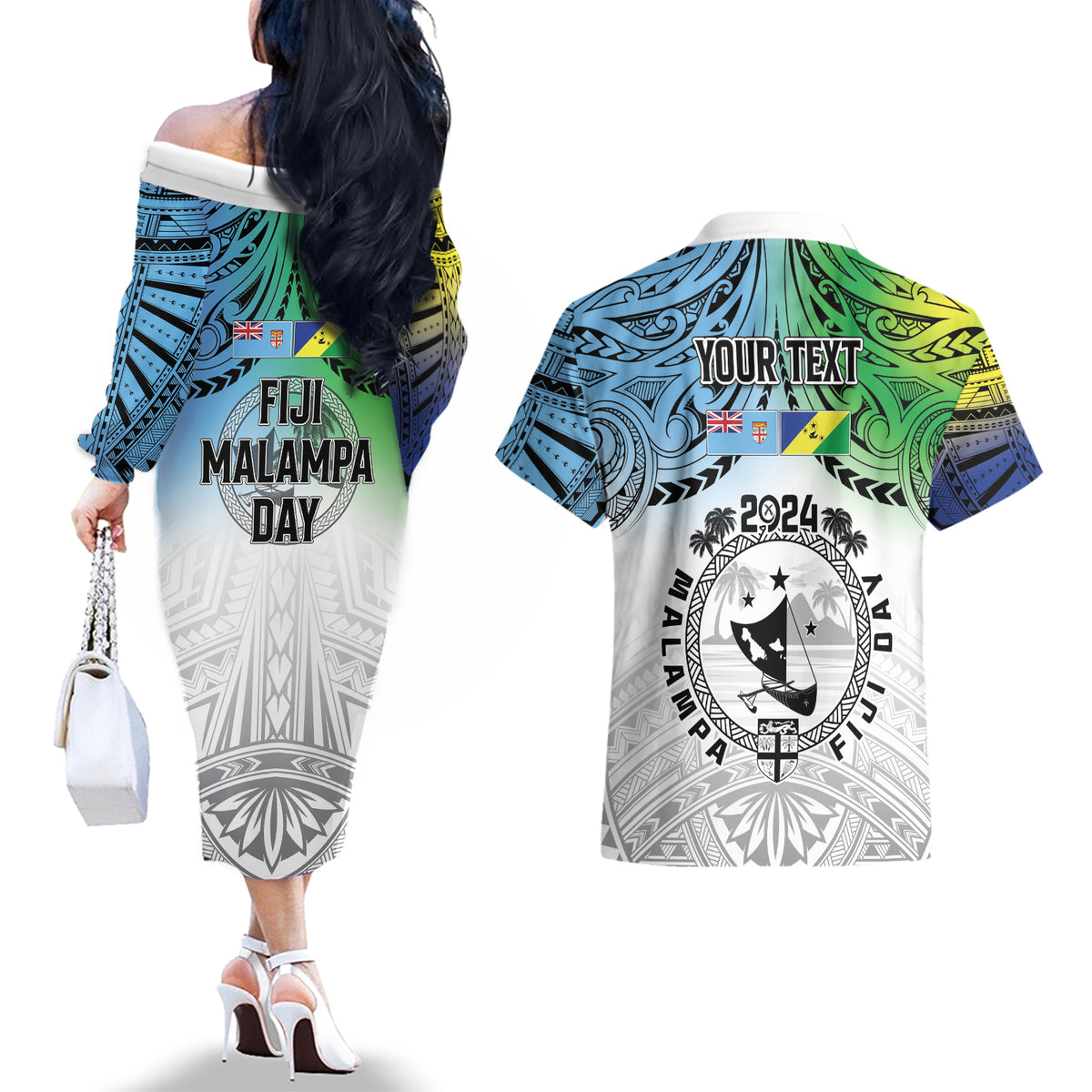 Malampa Fiji Day Couples Matching Off The Shoulder Long Sleeve Dress and Hawaiian Shirt Gradient Style