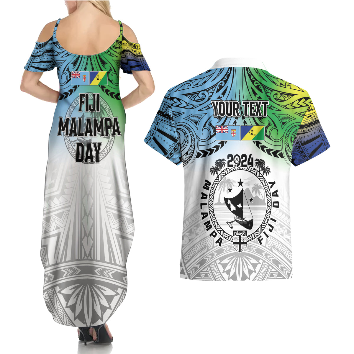 Malampa Fiji Day Couples Matching Summer Maxi Dress and Hawaiian Shirt Gradient Style