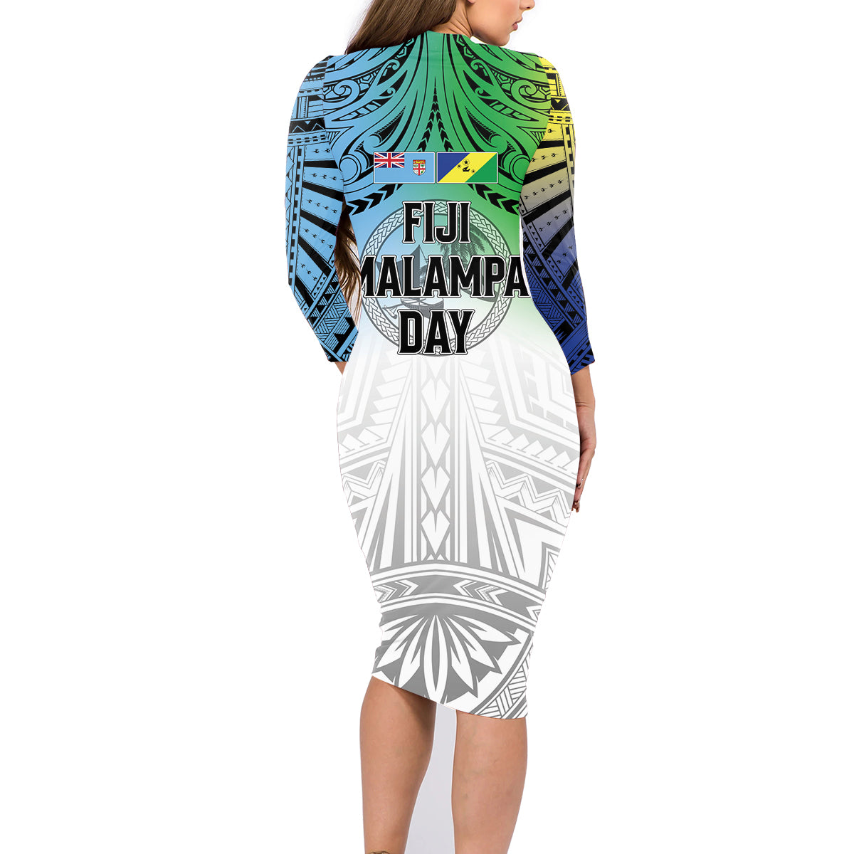 Malampa Fiji Day Family Matching Long Sleeve Bodycon Dress and Hawaiian Shirt Gradient Style