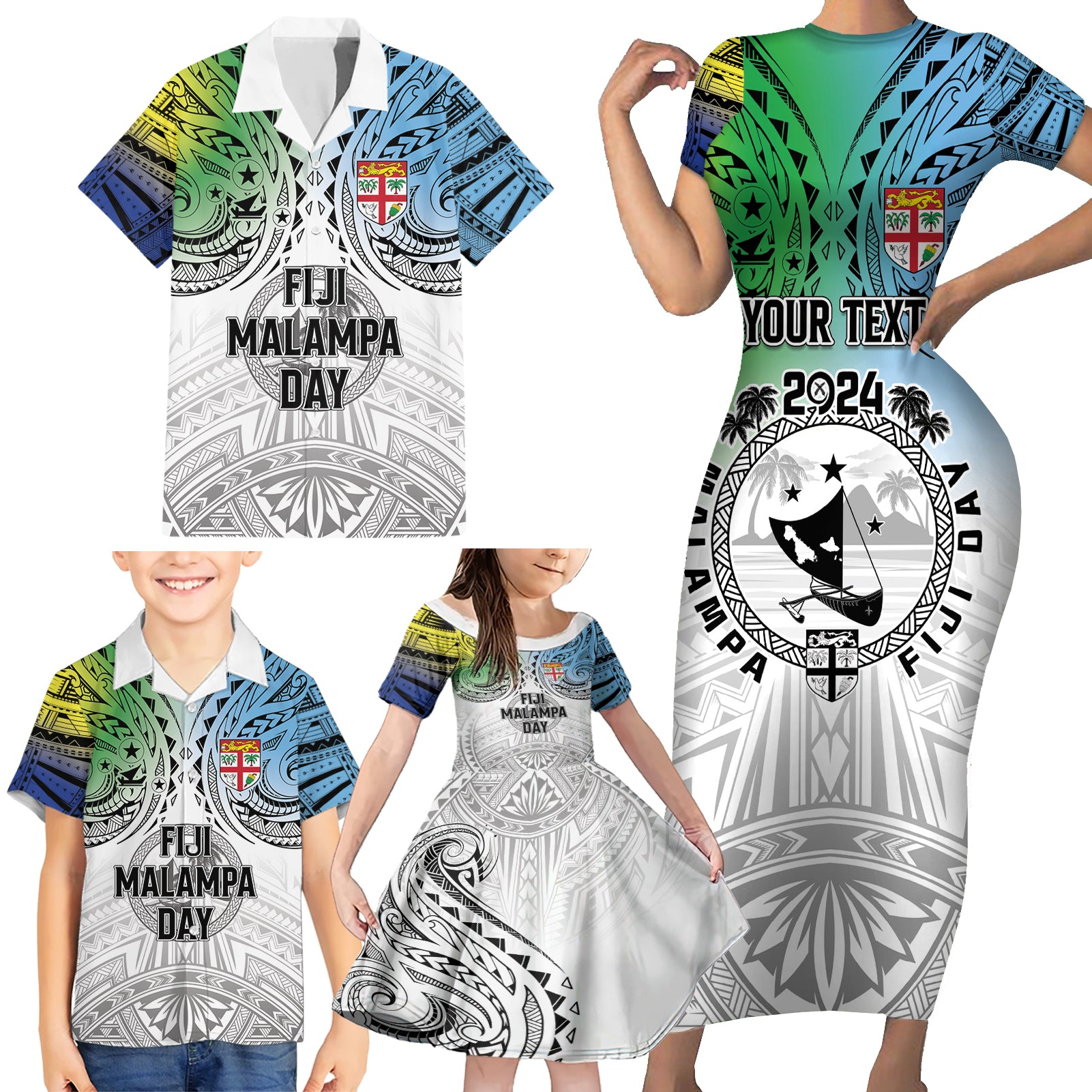 Malampa Fiji Day Family Matching Short Sleeve Bodycon Dress and Hawaiian Shirt Gradient Style