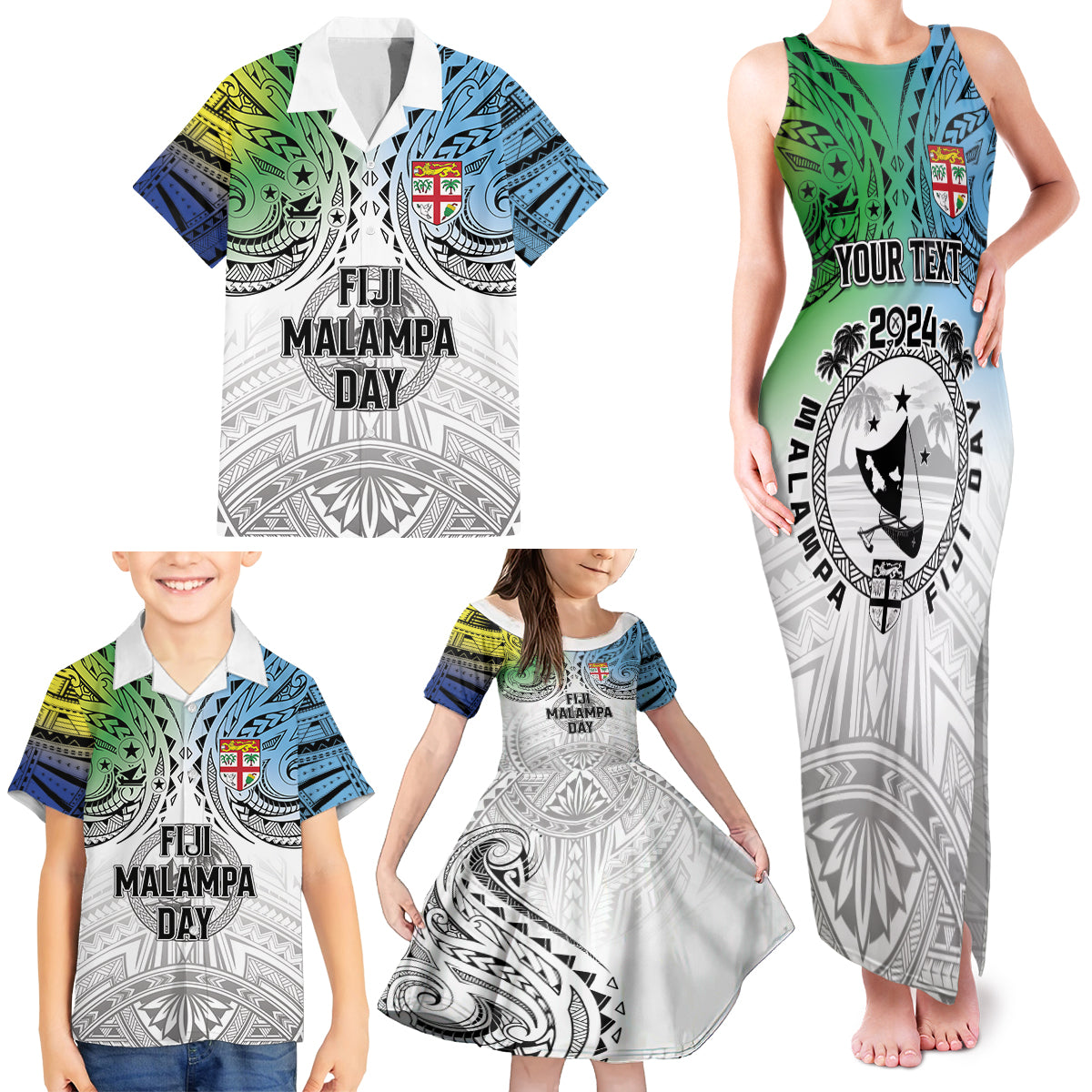 Malampa Fiji Day Family Matching Tank Maxi Dress and Hawaiian Shirt Gradient Style