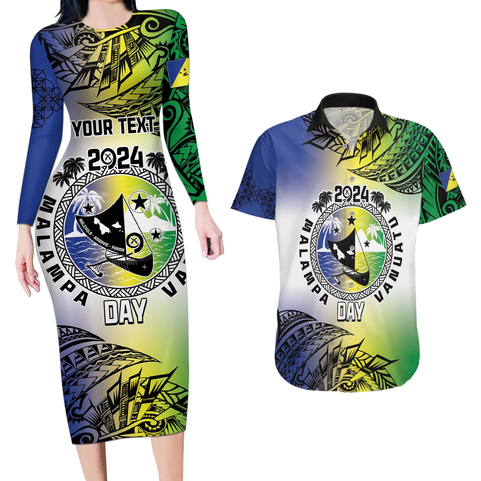 Malampa Day Couples Matching Long Sleeve Bodycon Dress and Hawaiian Shirt Emblem Gradient Style