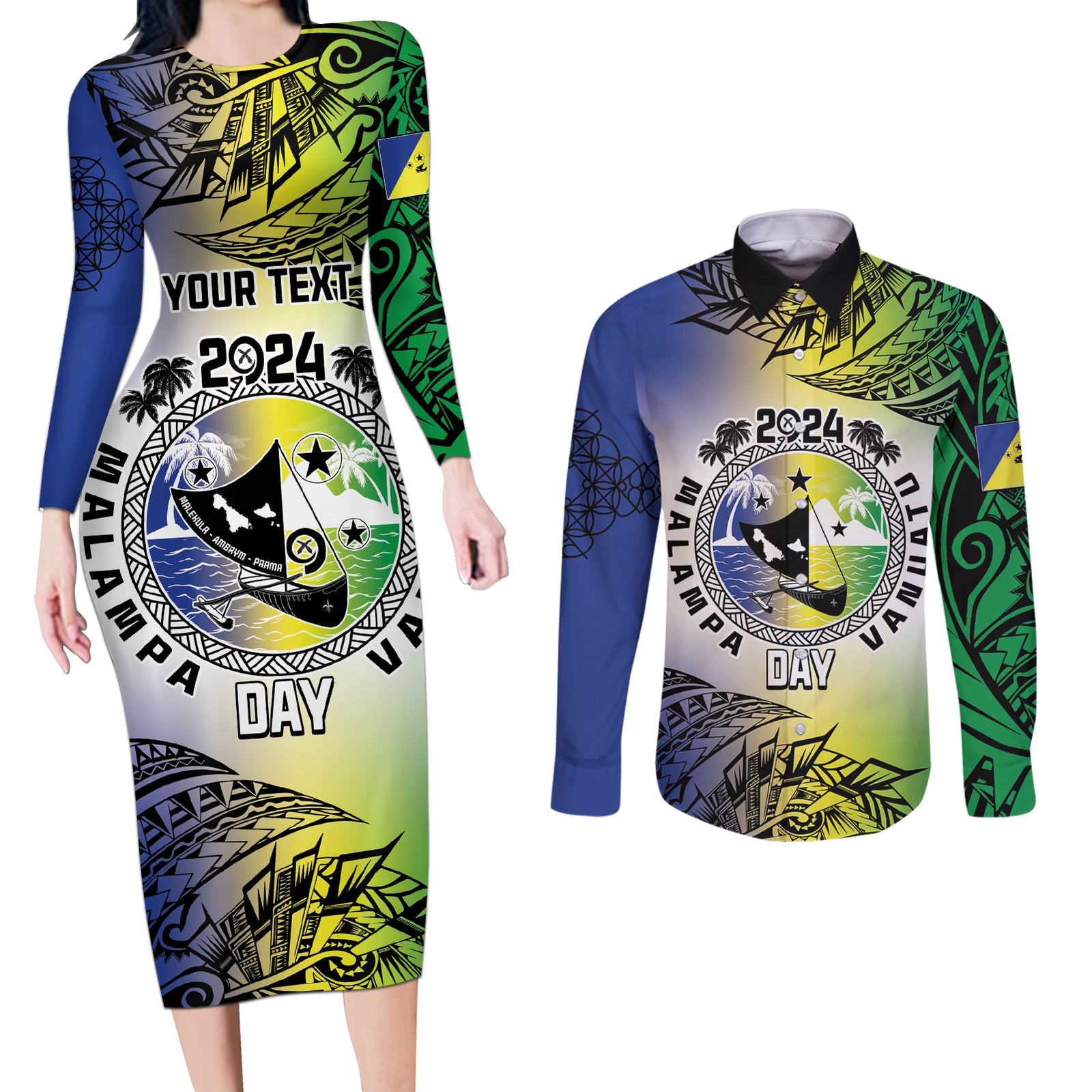 Malampa Day Couples Matching Long Sleeve Bodycon Dress and Long Sleeve Button Shirt Emblem Gradient Style LT7 Colorful - Polynesian Pride