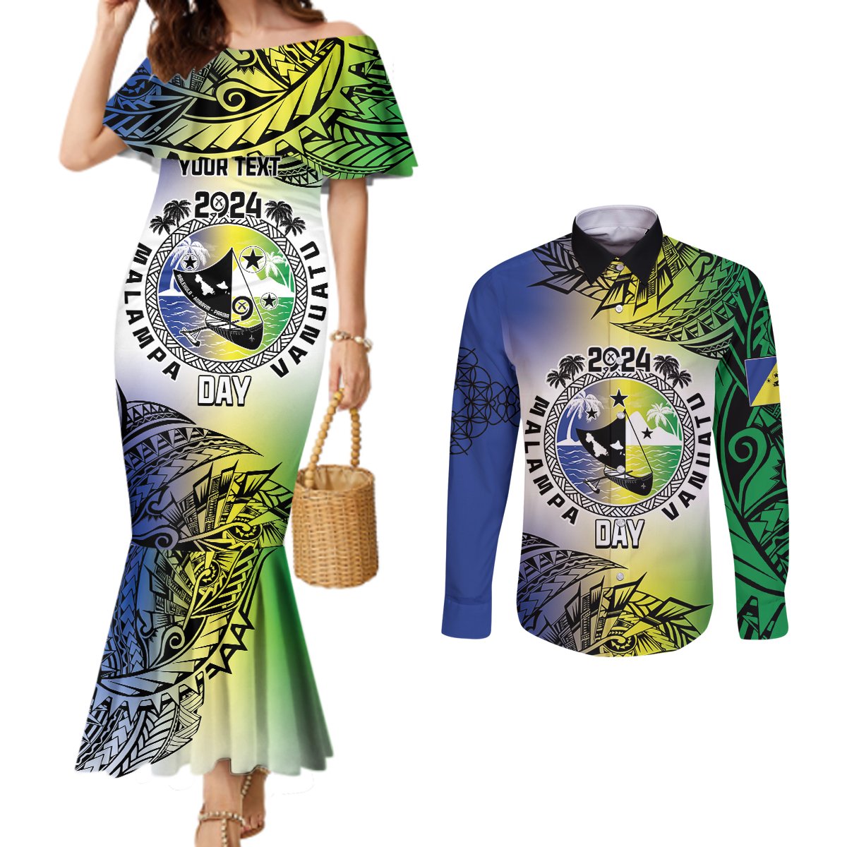 Malampa Day Couples Matching Mermaid Dress and Long Sleeve Button Shirt Emblem Gradient Style LT7 Colorful - Polynesian Pride
